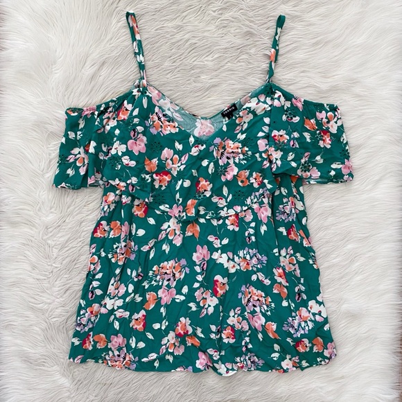 Torrid Green Pink Floral Challis Cold Shoulder Short Sleeve Blouse V-Neck Shirt - Picture 2 of 13